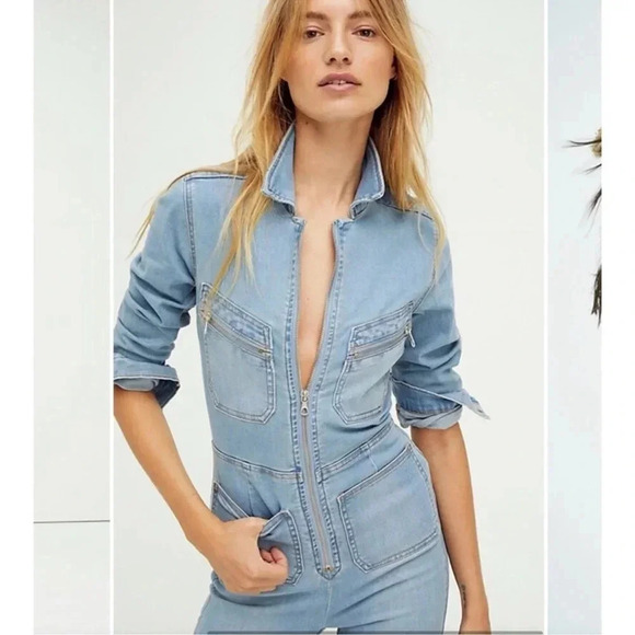 New Free People Lennox Denim Jumpsuit Blue Large - Picture 3 of 11